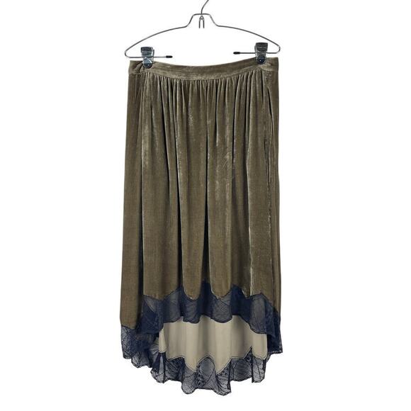 Zadig & Voltaire Joslin Velvet Midi Skirt Brown Green High Low Lace Trim Size 40 - Picture 3 of 15